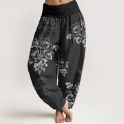 Buddha Stones Pure Cotton Casual Rose Peony Flowers Women's Elastic Waist Harem Pants