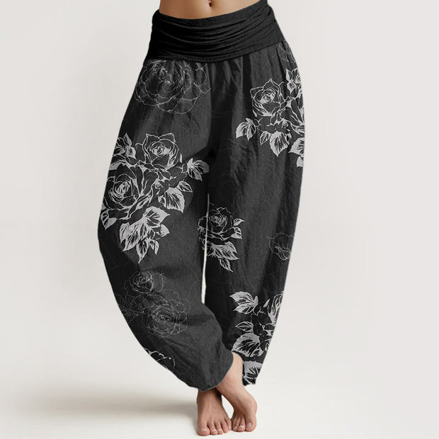 Buddha Stones Pure Cotton Casual Rose Peony Flowers Women's Elastic Waist Harem Pants