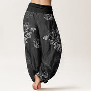 Buddha Stones Pure Cotton Casual Rose Peony Flowers Women's Elastic Waist Harem Pants