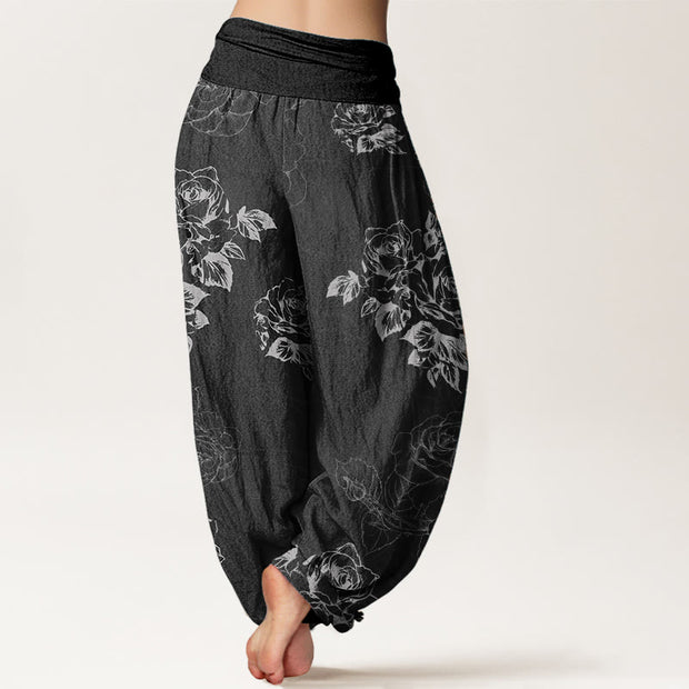 Buddha Stones Pure Cotton Casual Rose Peony Flowers Women's Elastic Waist Harem Pants