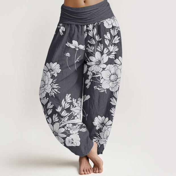 Buddha Stones Pure Cotton Casual Peony Leaves Women's Elastic Waist Harem Pants