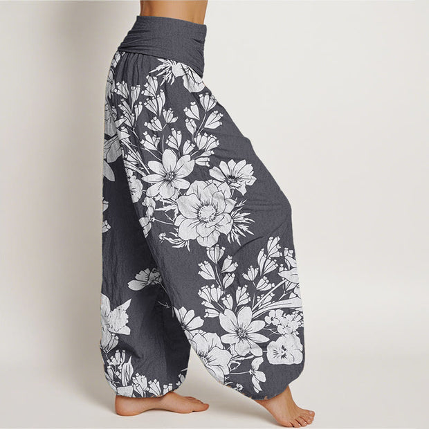 Buddha Stones Pure Cotton Casual Peony Leaves Women's Elastic Waist Harem Pants