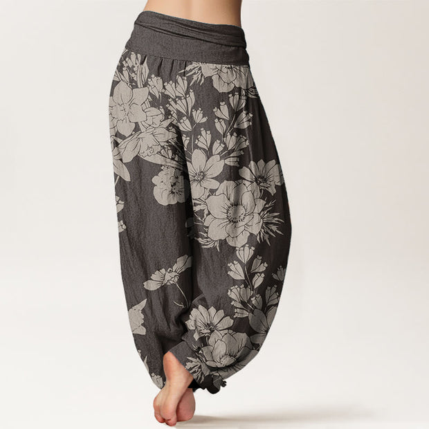 Buddha Stones Pure Cotton Casual Peony Leaves Women's Elastic Waist Harem Pants
