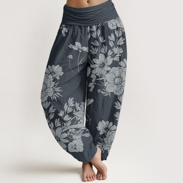 Buddha Stones Pure Cotton Casual Peony Leaves Women's Elastic Waist Harem Pants