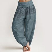 Buddha Stones Pure Cotton Casual Flowers Compass Design Women's Elastic Waist Harem Pants