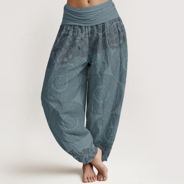 Buddha Stones Pure Cotton Casual Flowers Compass Design Women's Elastic Waist Harem Pants