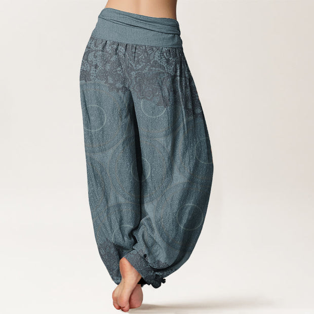 Buddha Stones Pure Cotton Casual Flowers Compass Design Women's Elastic Waist Harem Pants