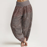 Buddha Stones Pure Cotton Casual Flowers Compass Design Women's Elastic Waist Harem Pants