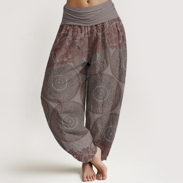 Buddha Stones Pure Cotton Casual Flowers Compass Design Women's Elastic Waist Harem Pants