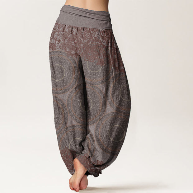Buddha Stones Pure Cotton Casual Flowers Compass Design Women's Elastic Waist Harem Pants