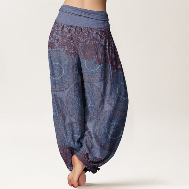 Buddha Stones Pure Cotton Casual Flowers Compass Design Women's Elastic Waist Harem Pants
