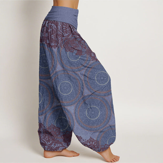 Buddha Stones Pure Cotton Casual Flowers Compass Design Women's Elastic Waist Harem Pants