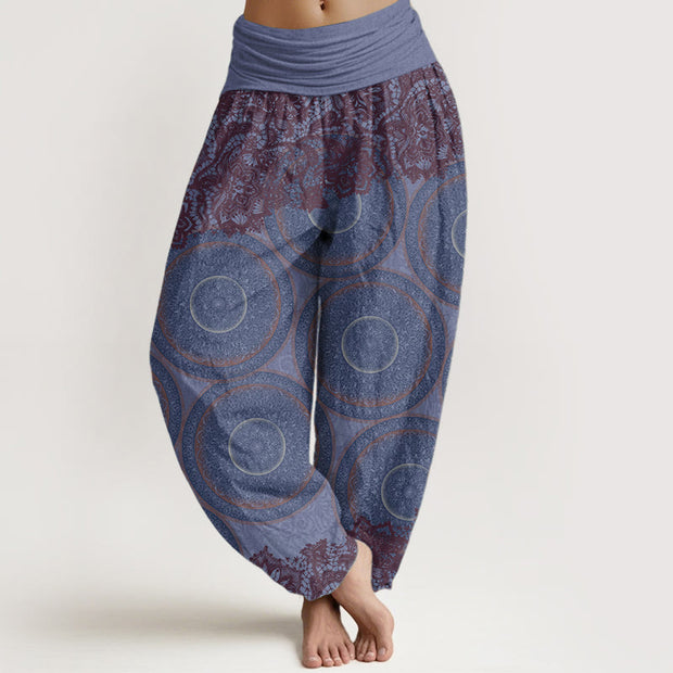 Buddha Stones Pure Cotton Casual Flowers Compass Design Women's Elastic Waist Harem Pants