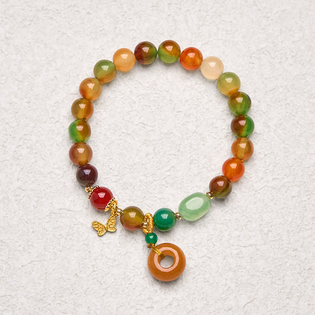 Buddha Stones Natural Colorful Peacock Agate Butterfly Peace Buckle Lily Of The Valley Support Bracelet