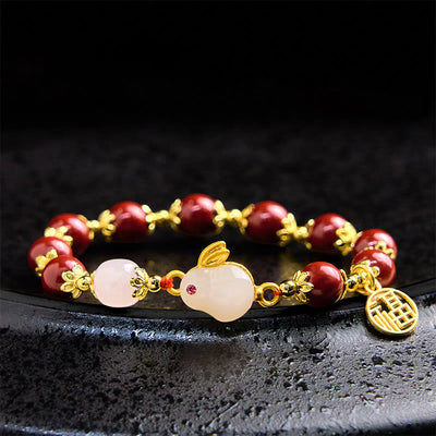 Buddha Stones Cinnabar Cute Rabbit Bunny Fu Character Charm Blessing Bracelet