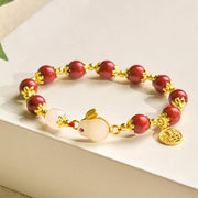 Buddha Stones Cinnabar Cute Rabbit Bunny Fu Character Charm Blessing Bracelet