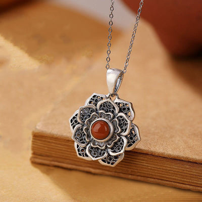 Buddha Stones Tibetan Om Mani Padme Hum Lotus Pattern Red Agate Copper Peace Necklace Pendant