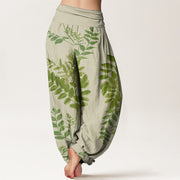 Buddha Stones Pure Cotton Green Leaves Branches Women's Elastic Waist Harem Pants