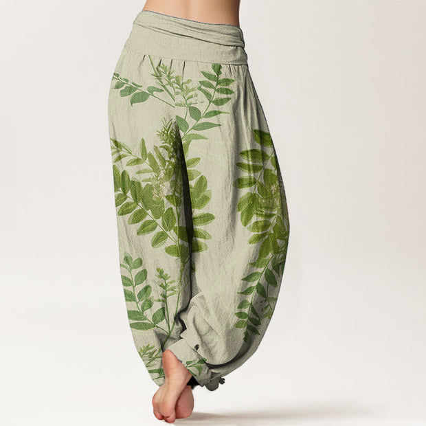Buddha Stones Pure Cotton Green Leaves Branches Women's Elastic Waist Harem Pants