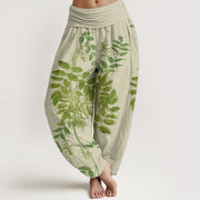 Buddha Stones Pure Cotton Green Leaves Branches Women's Elastic Waist Harem Pants