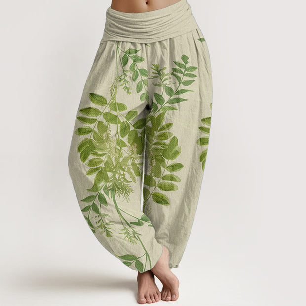 Buddha Stones Pure Cotton Green Leaves Branches Women's Elastic Waist Harem Pants