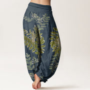 Buddha Stones Pure Cotton Green Leaves Branches Women's Elastic Waist Harem Pants