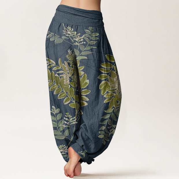 Buddha Stones Pure Cotton Green Leaves Branches Women's Elastic Waist Harem Pants