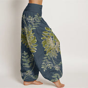 Buddha Stones Pure Cotton Green Leaves Branches Women's Elastic Waist Harem Pants