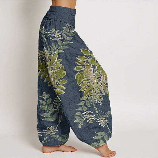 Buddha Stones Pure Cotton Green Leaves Branches Women's Elastic Waist Harem Pants