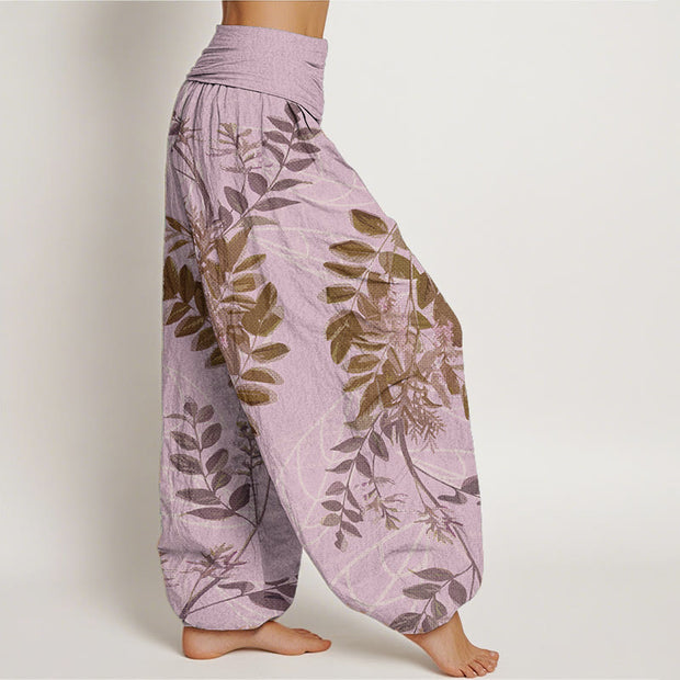 Buddha Stones Pure Cotton Green Leaves Branches Women's Elastic Waist Harem Pants