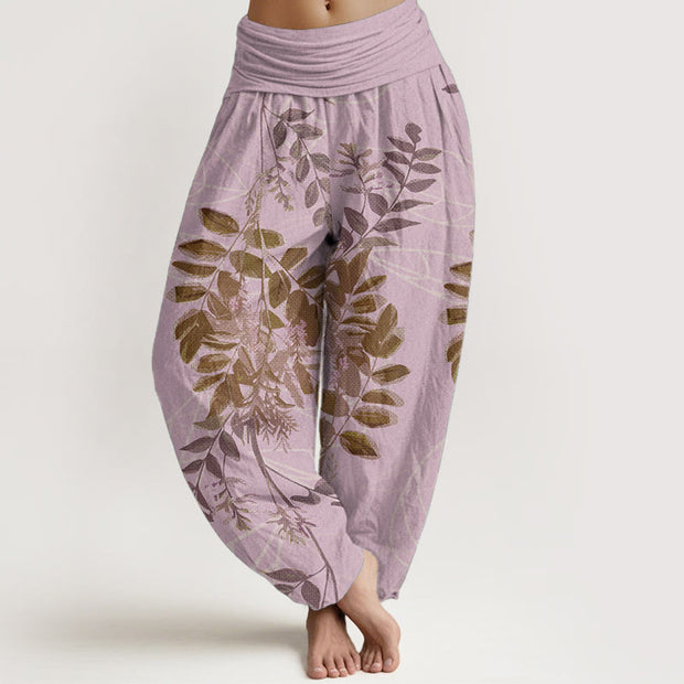 Buddha Stones Pure Cotton Green Leaves Branches Women's Elastic Waist Harem Pants
