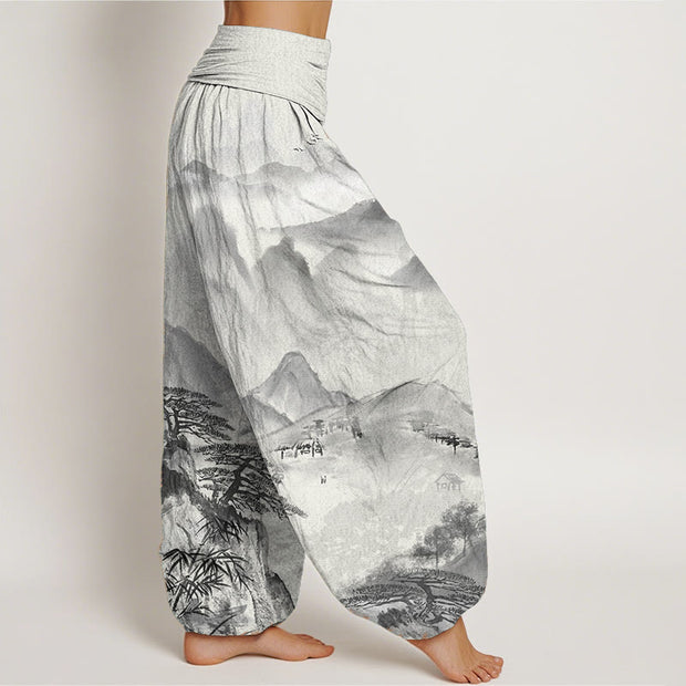 Buddha Stones Pure Cotton Mountains Trees Landscape Ink Painting Women's Elastic Waist Harem Pants