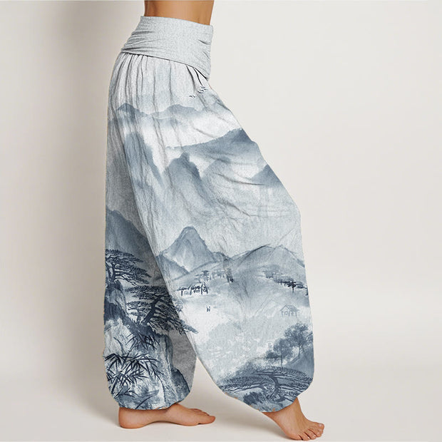 Buddha Stones Pure Cotton Mountains Trees Landscape Ink Painting Women's Elastic Waist Harem Pants