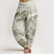 Buddha Stones Pure Cotton Mountains Trees Landscape Ink Painting Women's Elastic Waist Harem Pants
