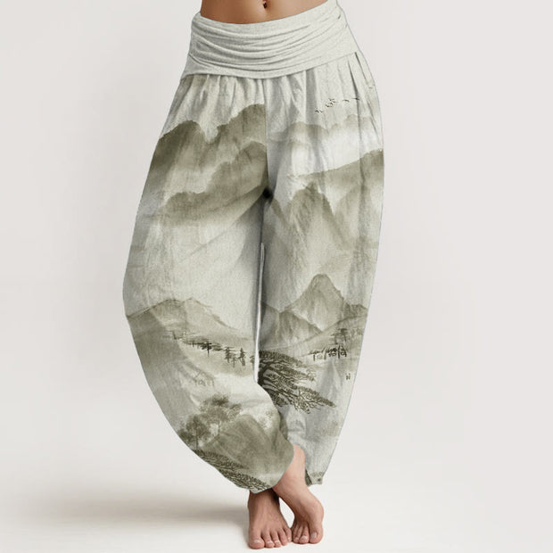 Buddha Stones Pure Cotton Mountains Trees Landscape Ink Painting Women's Elastic Waist Harem Pants