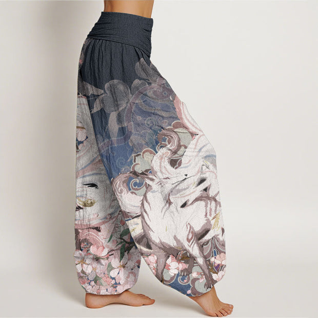 Buddha Stones Pure Cotton Fox Cherry Blossoms Women's Elastic Waist Harem Pants