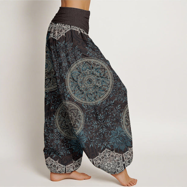 Buddha Stones Pure Cotton Mandala Pattern Leaves Women's Elastic Waist Harem Pants