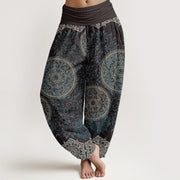Buddha Stones Pure Cotton Mandala Pattern Leaves Women's Elastic Waist Harem Pants