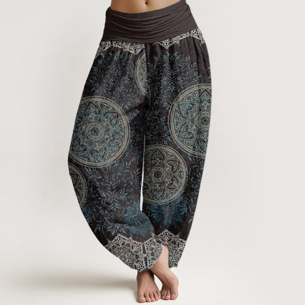 Buddha Stones Pure Cotton Mandala Pattern Leaves Women's Elastic Waist Harem Pants