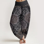 Buddha Stones Pure Cotton Mandala Pattern Leaves Women's Elastic Waist Harem Pants