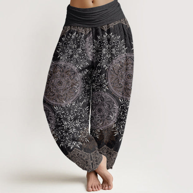 Buddha Stones Pure Cotton Mandala Pattern Leaves Women's Elastic Waist Harem Pants