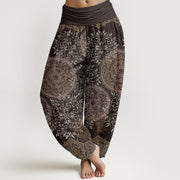 Buddha Stones Pure Cotton Mandala Pattern Leaves Women's Elastic Waist Harem Pants