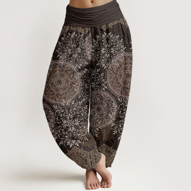 Buddha Stones Pure Cotton Mandala Pattern Leaves Women's Elastic Waist Harem Pants