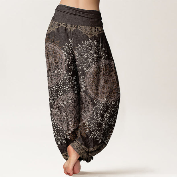 Buddha Stones Pure Cotton Mandala Pattern Leaves Women's Elastic Waist Harem Pants