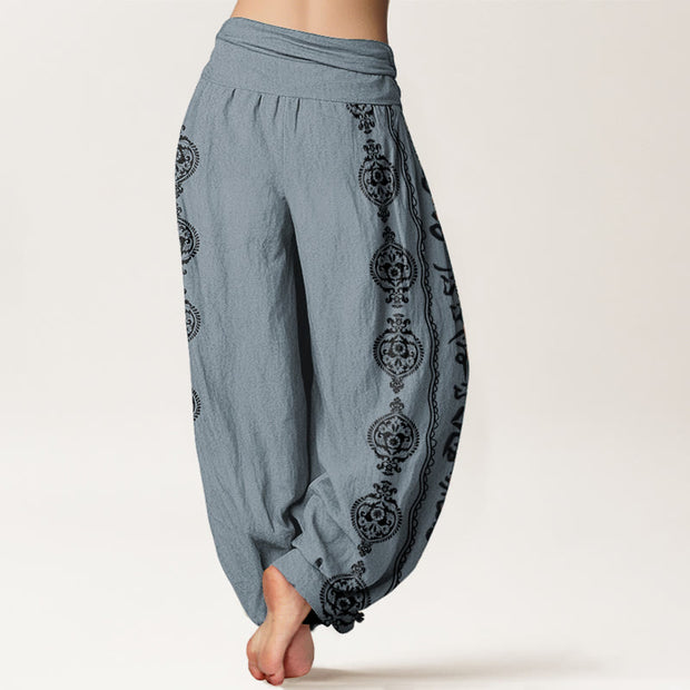 Buddha Stones Pure Cotton Mandala Om Mani Padme Hum Women's Elastic Waist Harem Pants