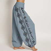 Buddha Stones Pure Cotton Mandala Om Mani Padme Hum Women's Elastic Waist Harem Pants