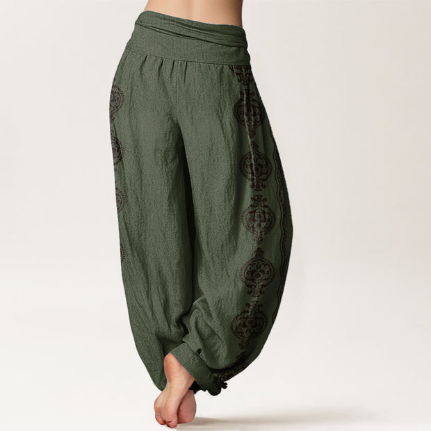 Buddha Stones Pure Cotton Mandala Om Mani Padme Hum Women's Elastic Waist Harem Pants