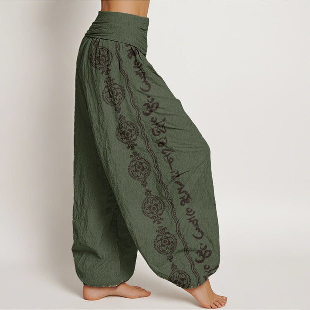 Buddha Stones Pure Cotton Mandala Om Mani Padme Hum Women's Elastic Waist Harem Pants