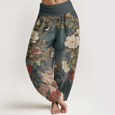 Buddha Stones Pure Cotton Casual Peony Flowers Leaves Magpie Women's Elastic Waist Harem Pants
