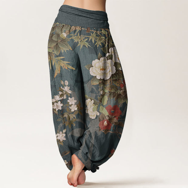 Buddha Stones Pure Cotton Casual Peony Flowers Leaves Magpie Women's Elastic Waist Harem Pants